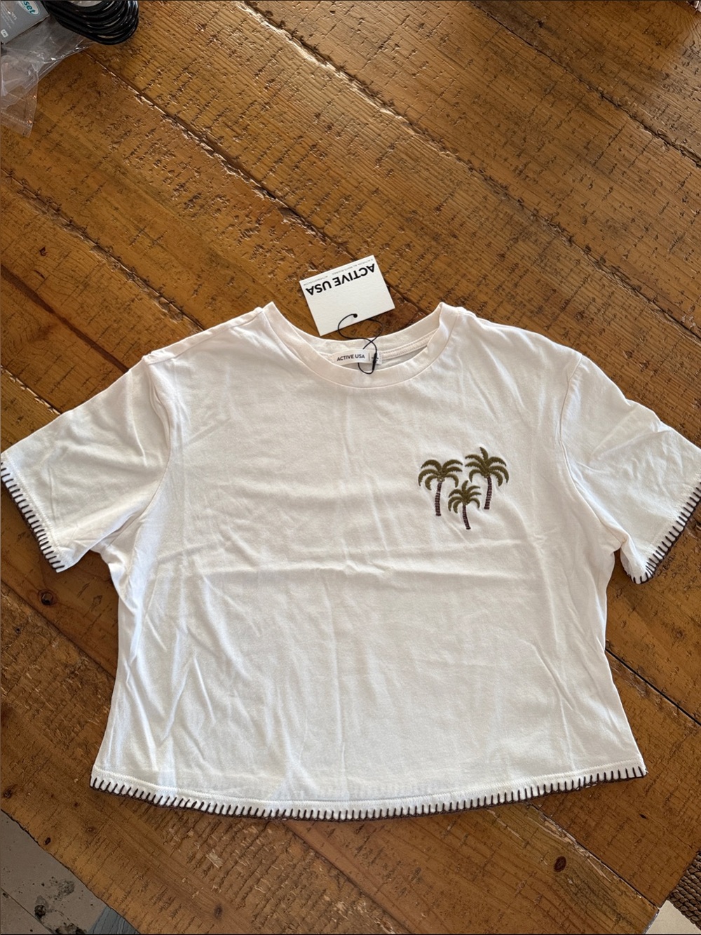 Active USA White Palm-Embroidered Crop Tee